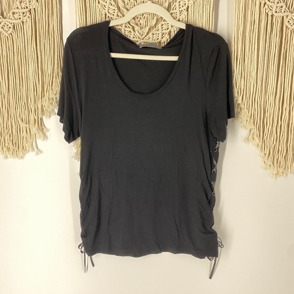 forty four fifty Scoop Neck Lace Up biker T-Shirt - Picture 1 of 5